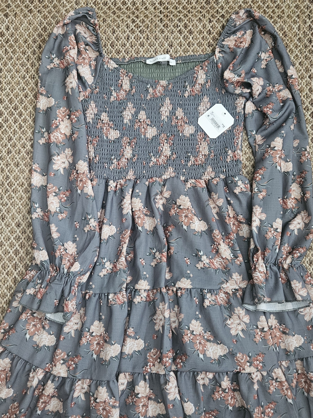 Altrd State xs Long-Sleeve Smocked Dress, Neutral Green with Tan Flowers NWT